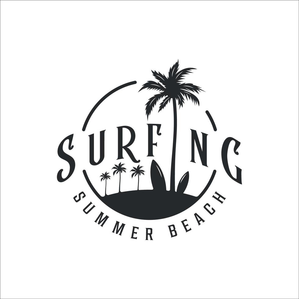 disegno dell'icona del modello di illustrazione vettoriale vintage logo spiaggia surf. paradiso con simbolo creativo di palma o albero di cocco con tipografia in stile retrò