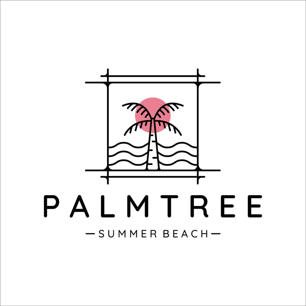 logo della palma o dell'albero di cocco con l'icona del modello di illustrazione vettoriale al tramonto. design con badge minimalista