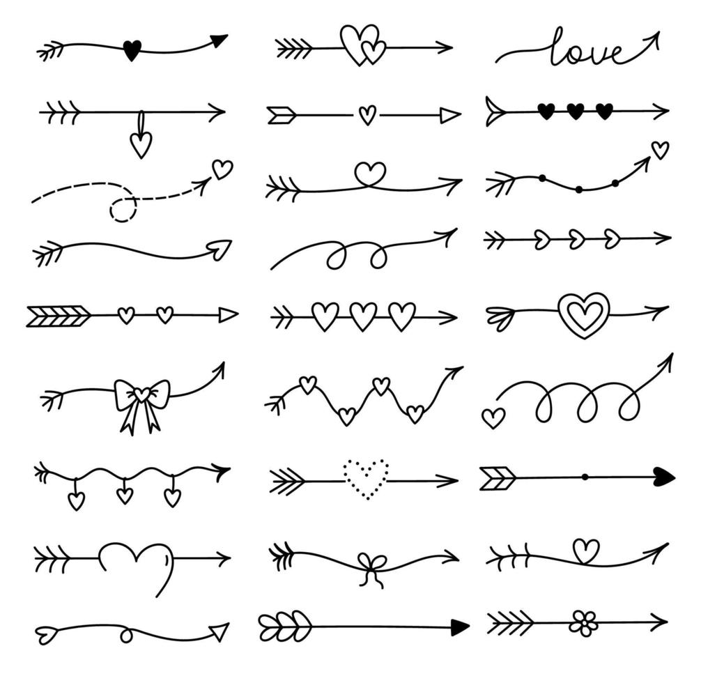 set di simpatiche frecce doodle per San Valentino isolato su sfondo bianco. illustrazione disegnata a mano di vettore. perfetto per progetti di vacanze, biglietti, inviti, decorazioni, diari di proiettili. vettore