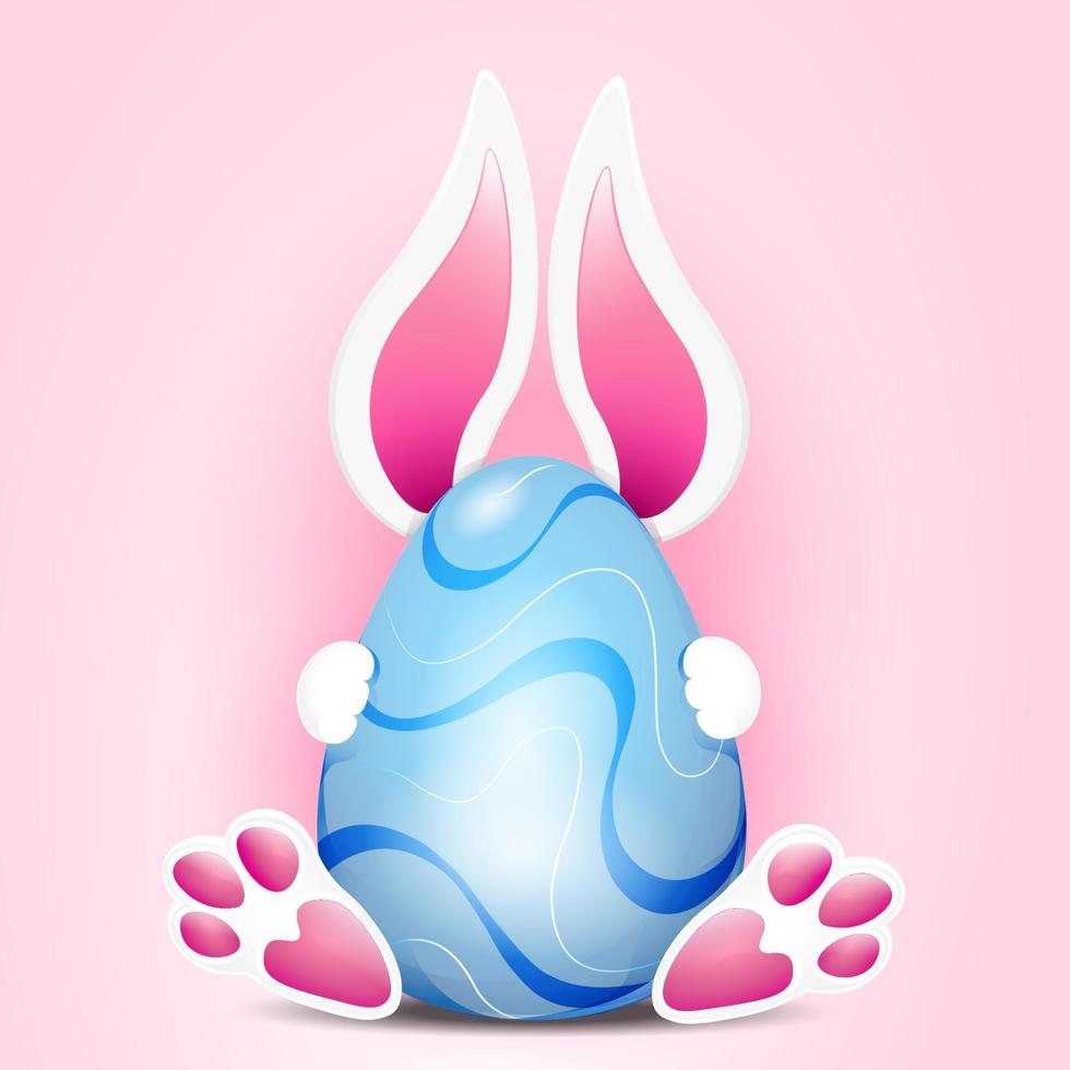 simpatico coniglietto pasquale abbracciato uovo di colore blu decorato con ornamento vettore