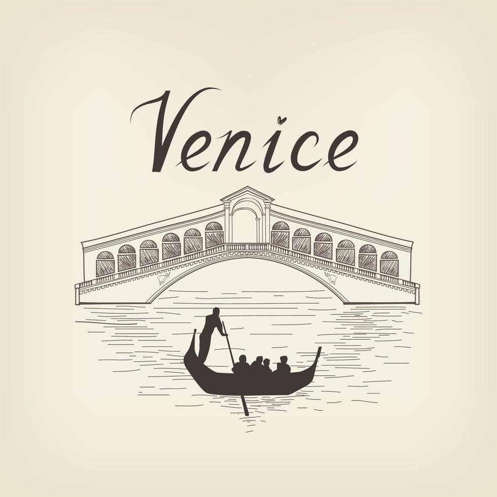 punto di riferimento famoso di venezia. vista canale, posto gondola. sfondo di viaggio italia. disegno retrò del ponte di rialto della città vettore