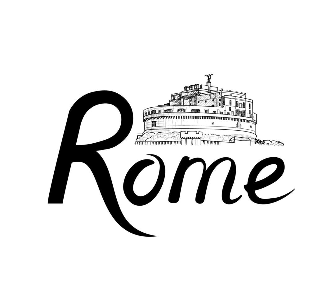roma luogo famoso con scritte sullo sfondo dell'italia di viaggio. segno di incisione del punto di riferimento della città. paesaggio urbano di roma con il castello sant'angelo. vettore