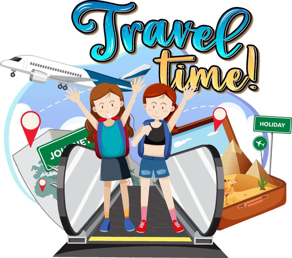 logo di tipografia del tempo di viaggio con coppia di viaggiatori vettore
