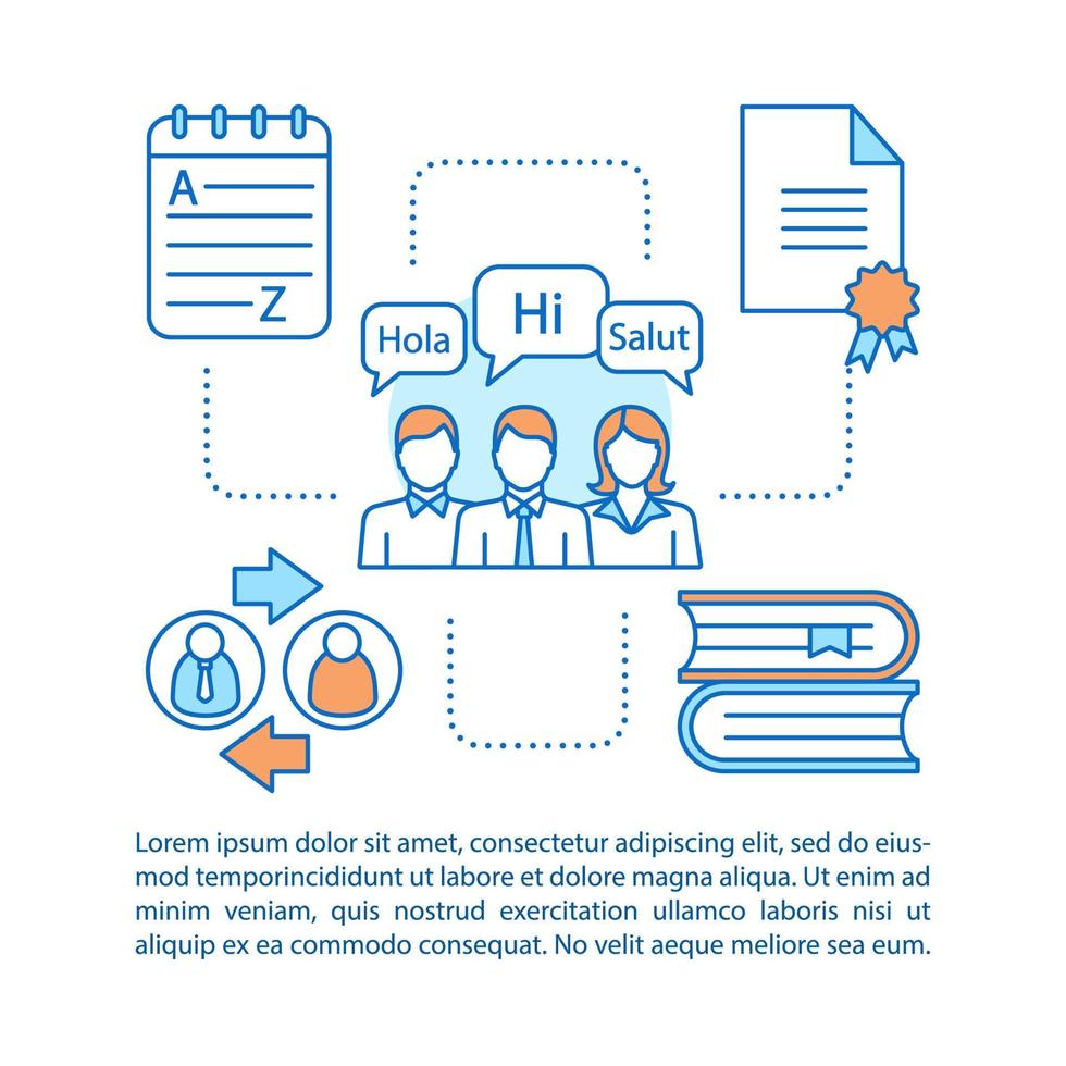 illustrazione lineare del concetto di apprendimento delle lingue. articolo, brochure, layout di pagina di una rivista con caselle di testo. corsi di lingua straniera, scuola. programma educativo. disegno di stampa. disegno vettoriale isolato