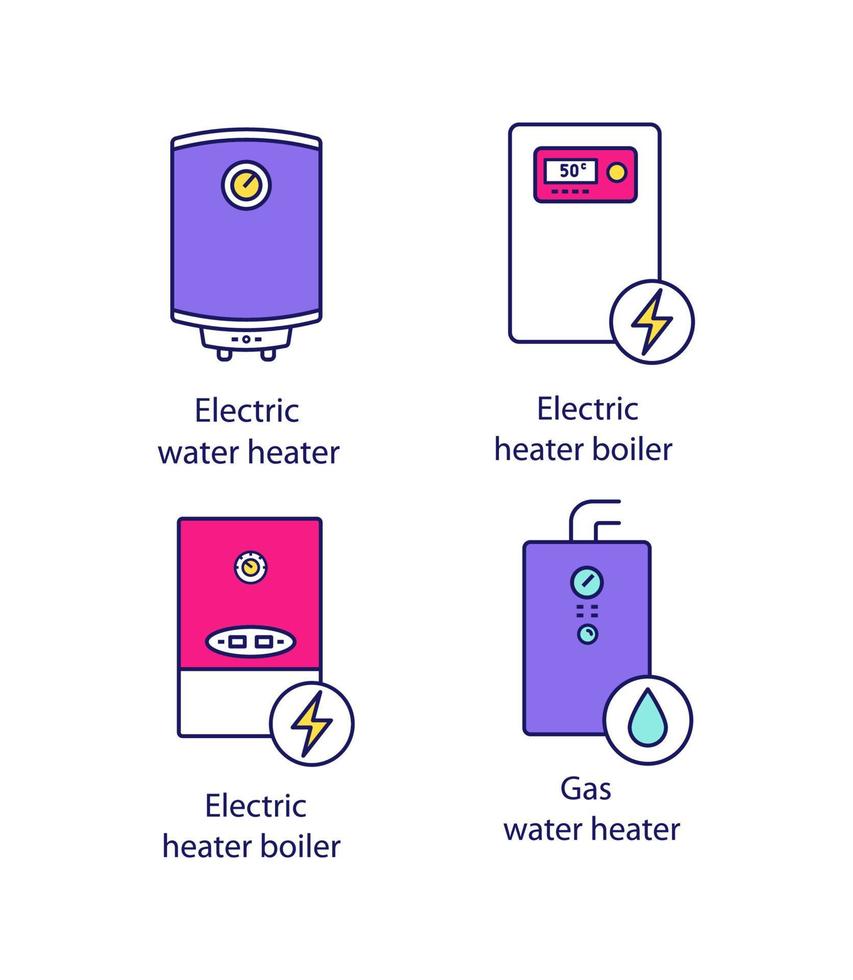 set di icone del colore del riscaldamento. impianto di riscaldamento centralizzato. boiler elettrici ea gas e caldaie per riscaldamento. illustrazioni vettoriali isolate