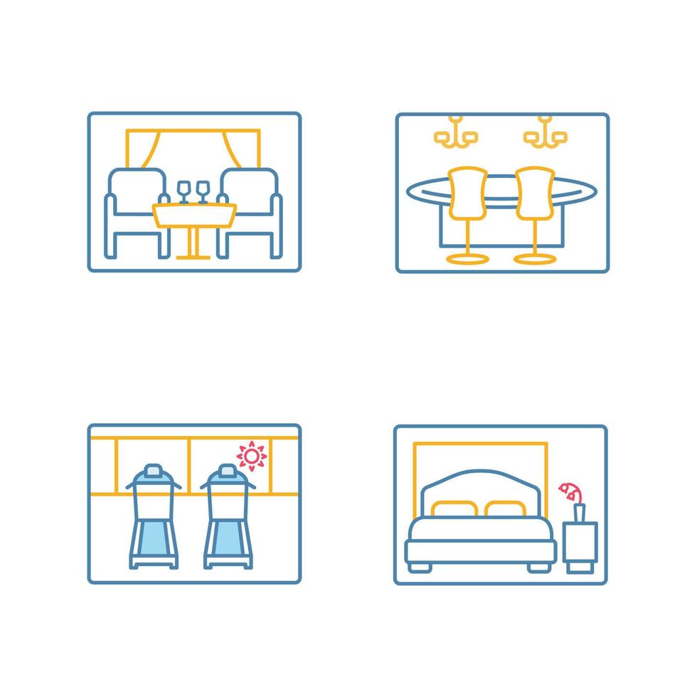 Set di icone a colori per navi da crociera. ristorante, casinò, palestra, camera da letto. illustrazioni vettoriali isolate