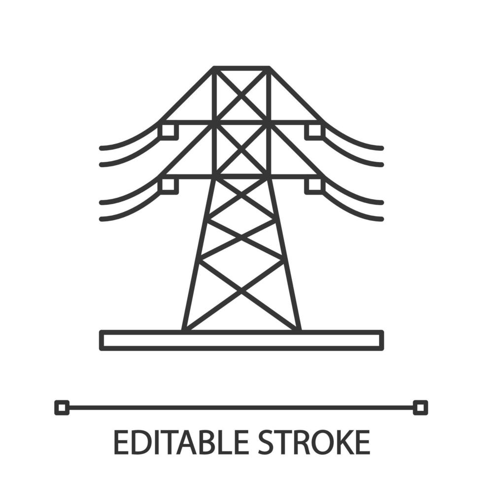 icona lineare della linea elettrica ad alta tensione. linea elettrica. illustrazione al tratto sottile. traliccio elettrico. torre di trasmissione. simbolo di contorno. disegno di contorno isolato vettoriale. tratto modificabile vettore