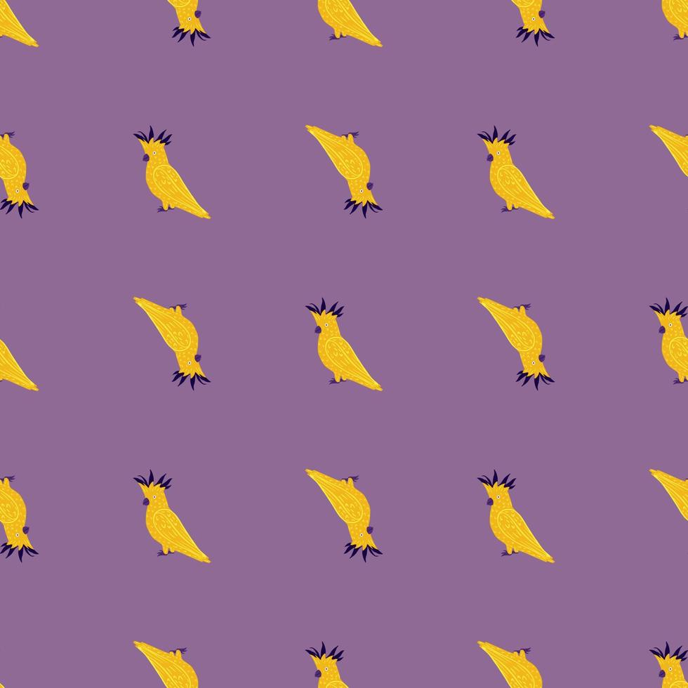 contrasto luminoso senza cuciture con ornamento pappagallo cacatua giallo. sfondo viola. stampa scarabocchio. vettore
