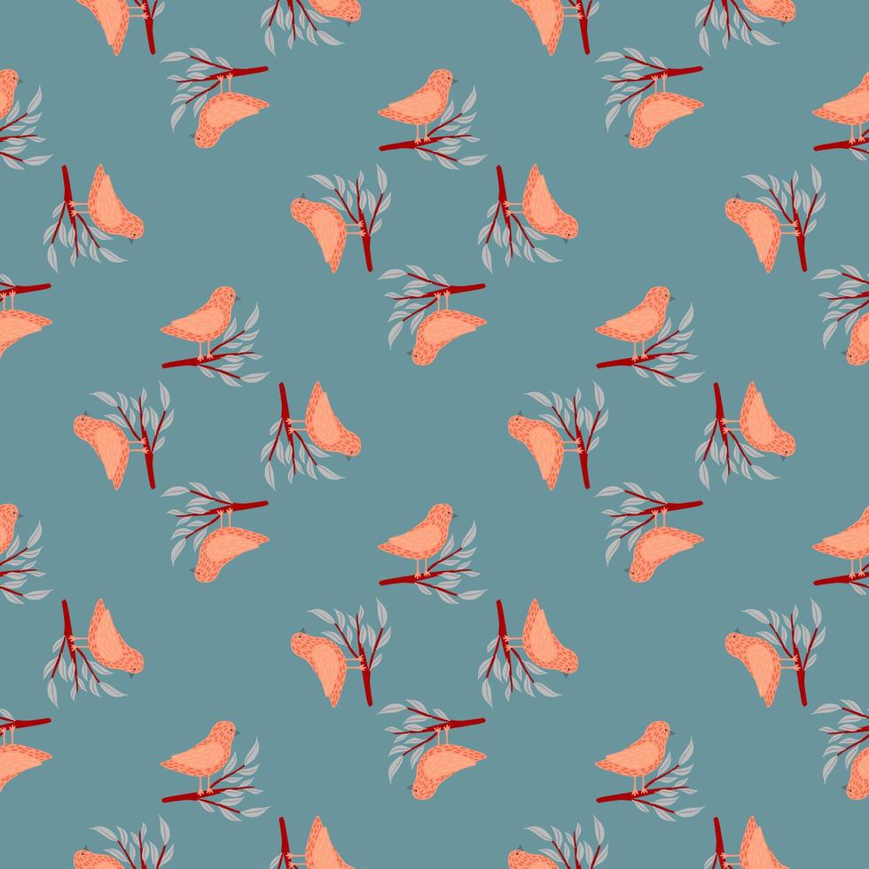 modello senza cuciture di uccello geometrico in stile disegnato a mano. animali volanti rosa su sfondo blu. vettore