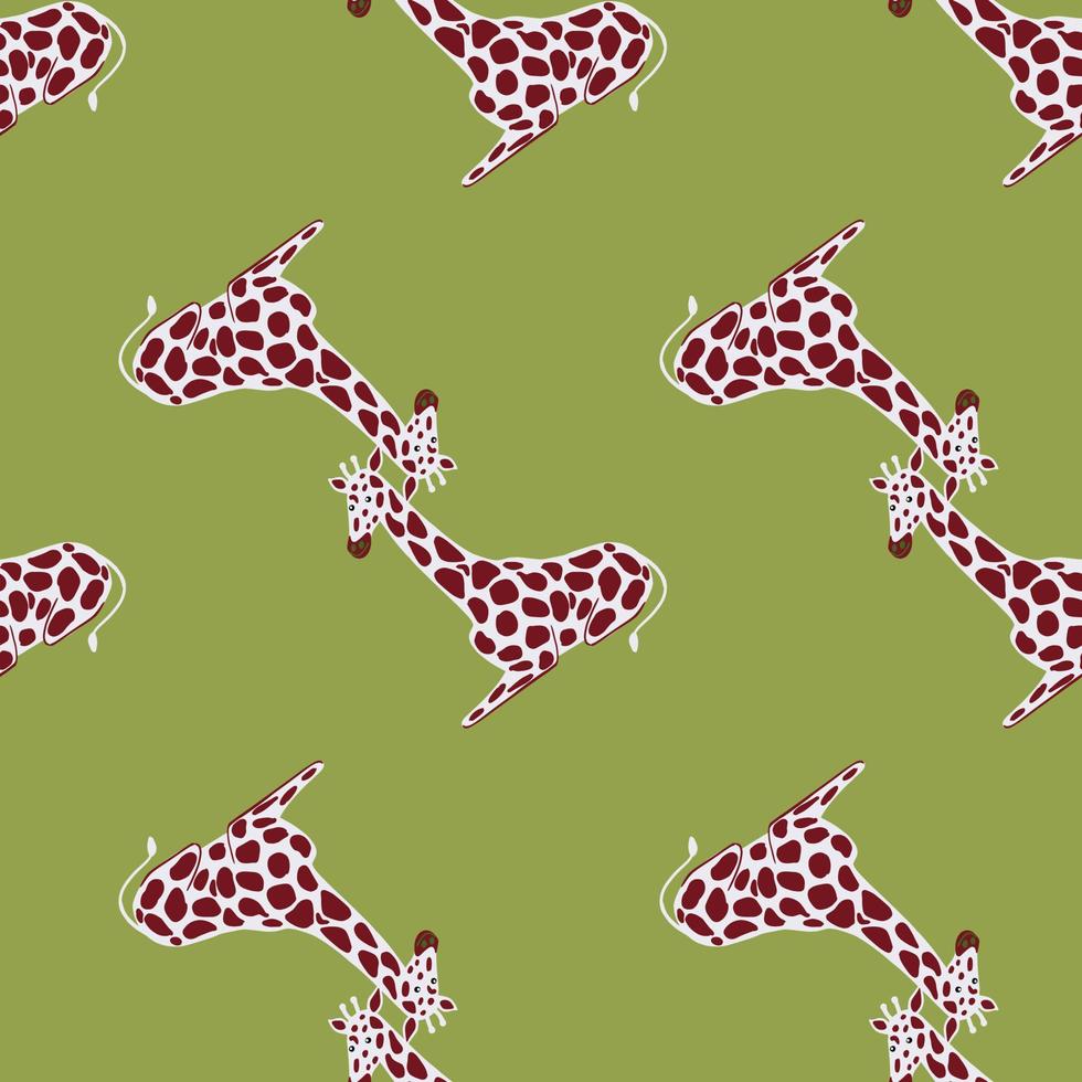 modello senza cuciture giraffa di colore viola e grigio in stile doodle. sfondo verde. design creativo. vettore