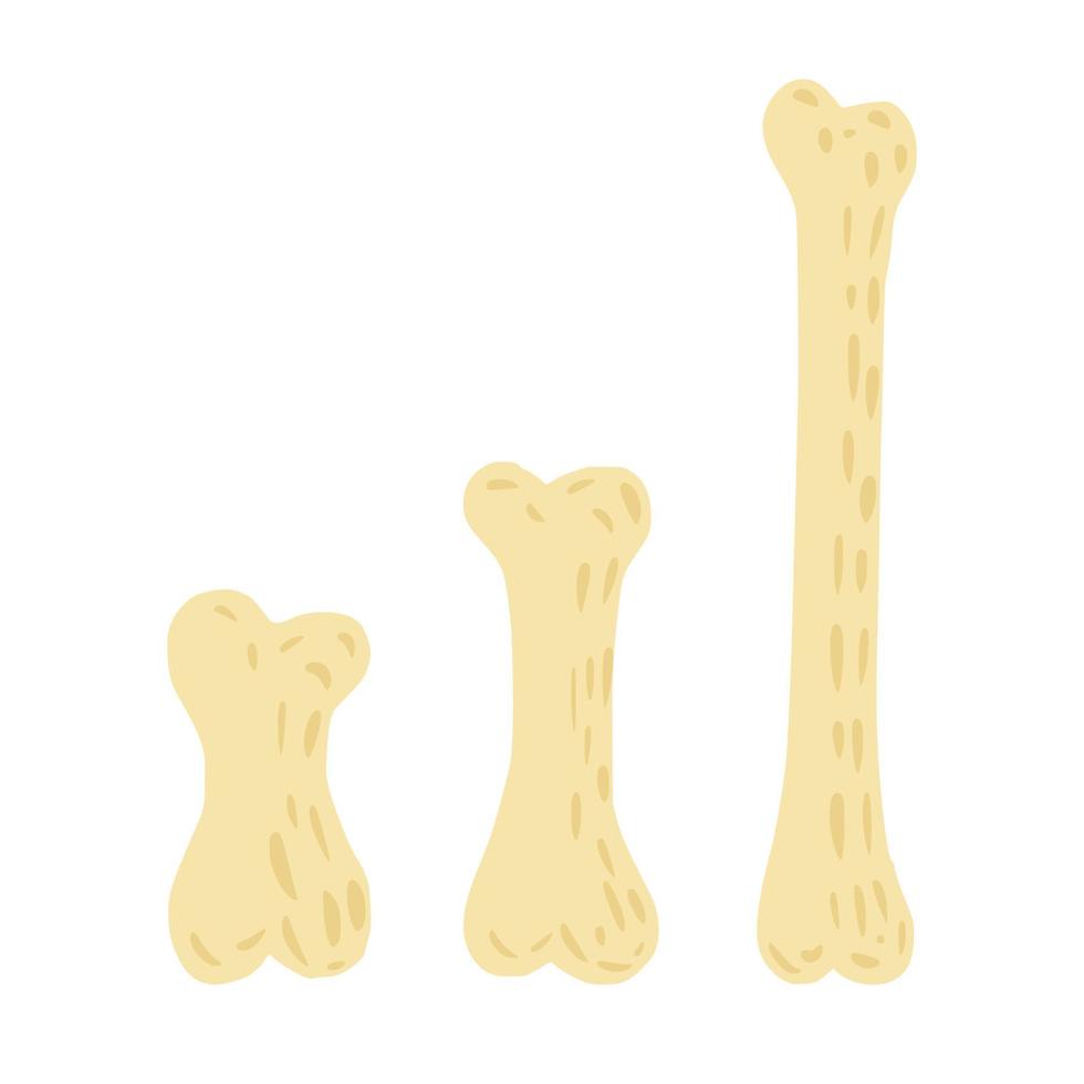 impostato da ossa su sfondo bianco. kit semplice colore osso giallo diverse dimensioni schizzo disegnato a mano in stile doodle. vettore