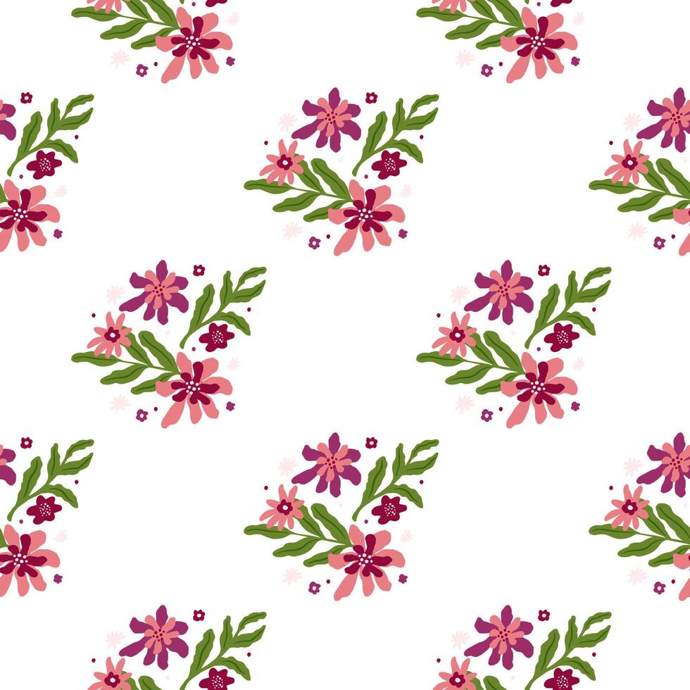 modello senza cuciture isolato con fiori rosa e foglie verdi stampate. sfondo bianco. stampa botanica. vettore
