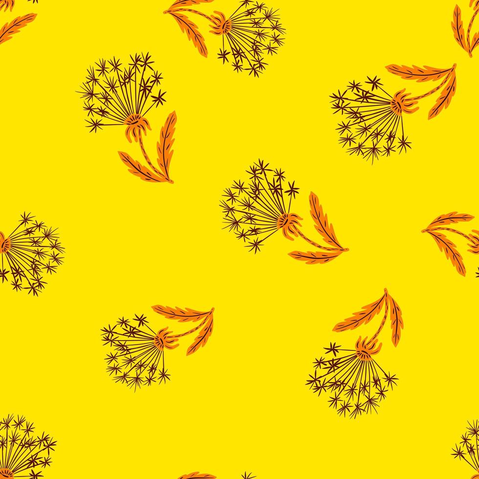 botanica seamless doodle con stampa casuale di dente di leone disegnato a mano. sfondo giallo brillante. semplice opera d'arte. vettore