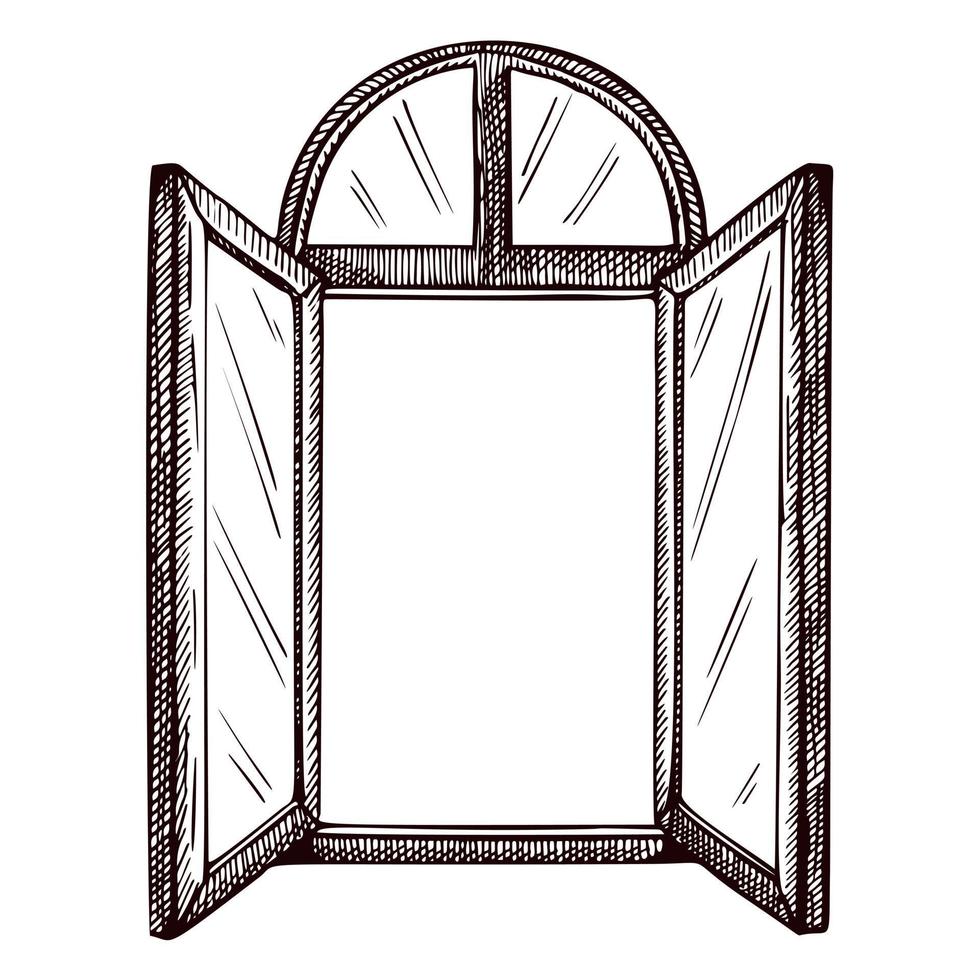 schizzo ad arco finestra aperto isolato. elemento retrò all'interno della parete in stile disegnato a mano. vettore