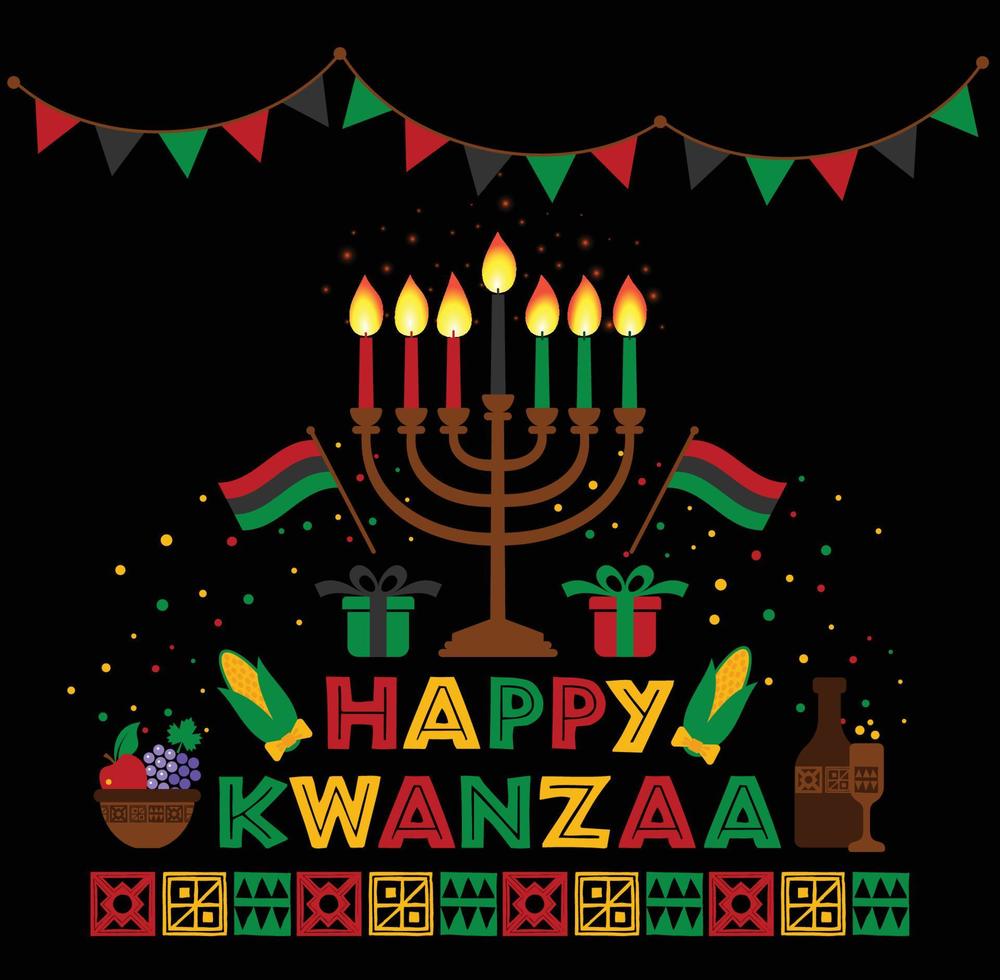 stendardo per kwanzaa con colori tradizionali e candele rappresentanti i sette principi o nguzo saba. vettore