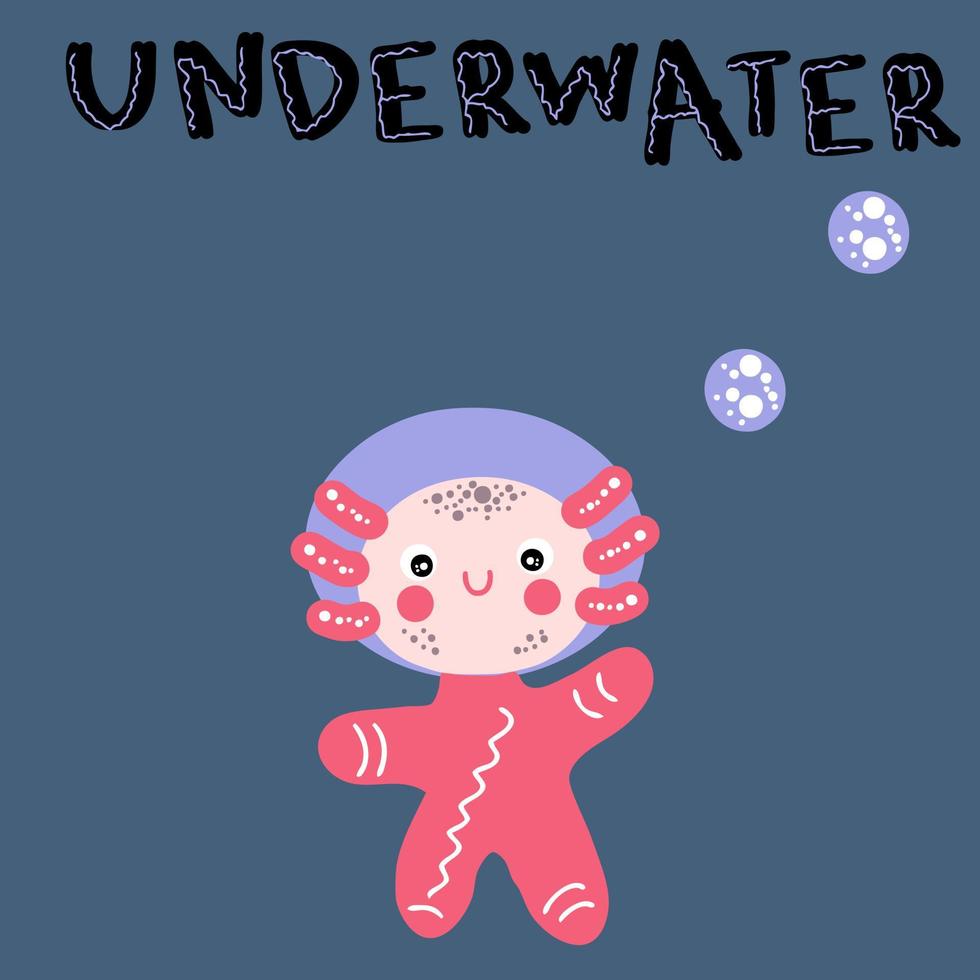 subacqueo axolotl disegnato a mano nel mare e testo sott'acqua. vettore