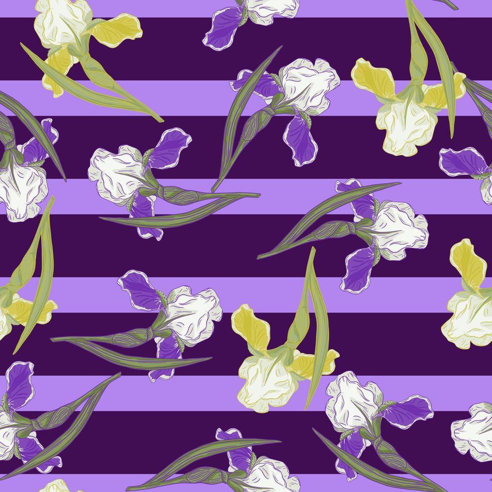 modello senza cuciture casuale con ornamento floreale di doodle iris. sfondo a strisce viola brillante. stampa creativa. vettore