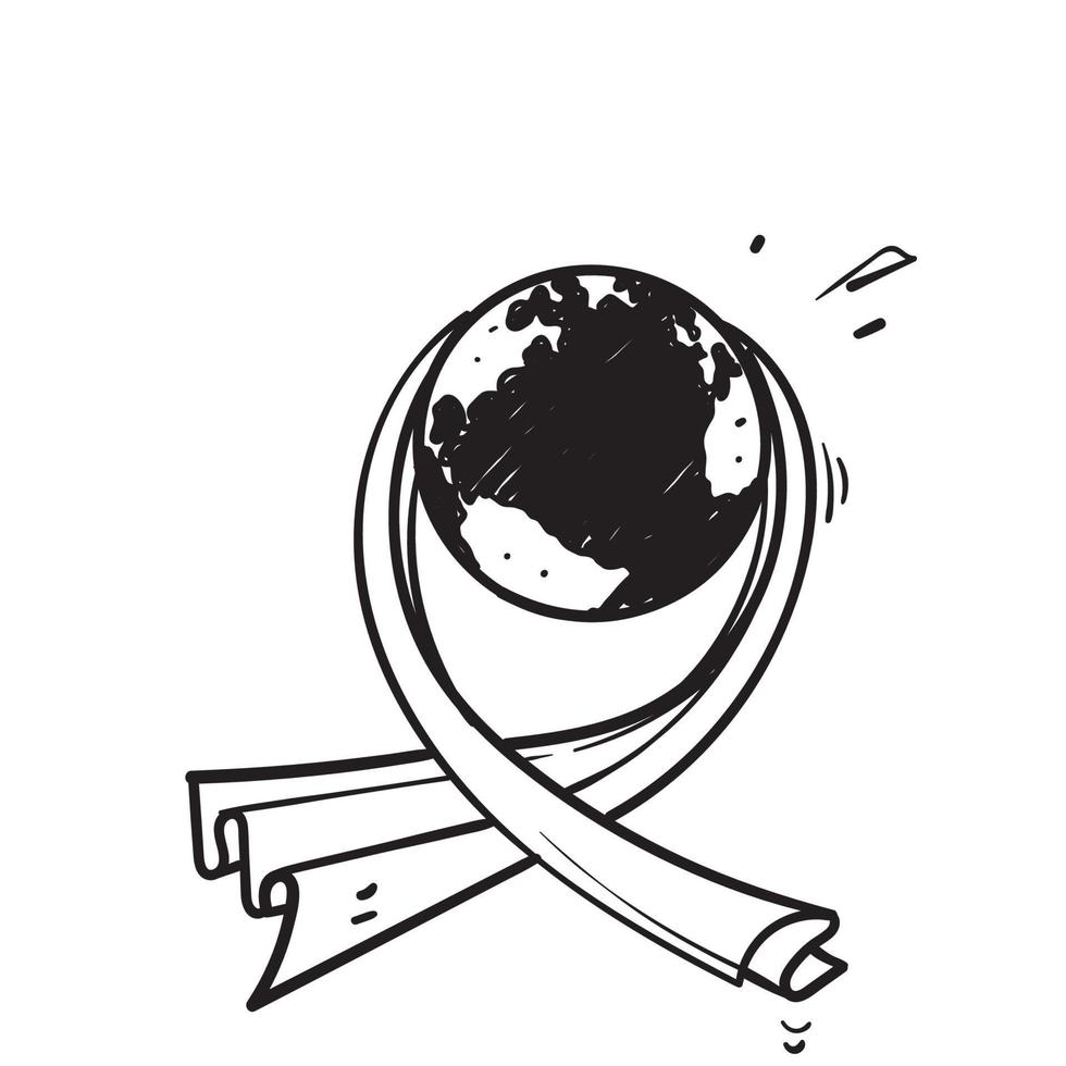 icona dell'illustrazione del globo e del nastro del mondo di doodle di tiraggio della mano isolata vettore