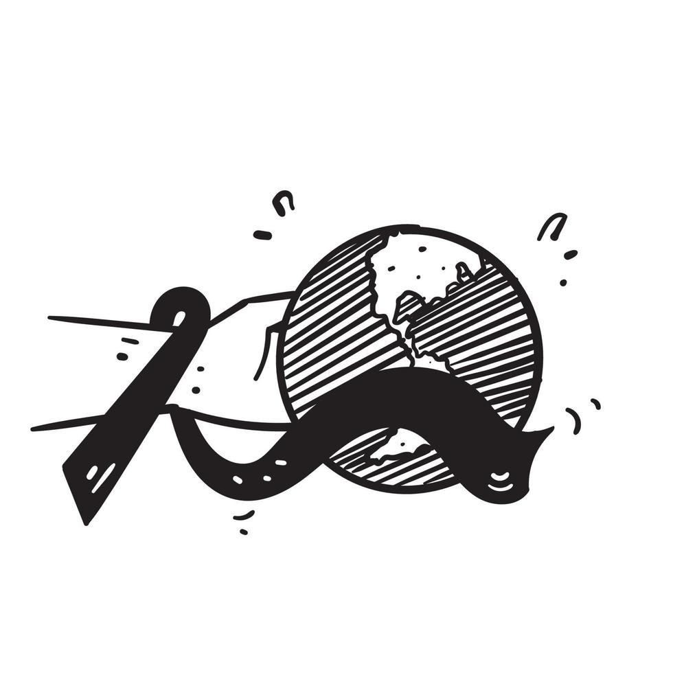 icona dell'illustrazione del globo e del nastro del mondo di doodle di tiraggio della mano isolata vettore