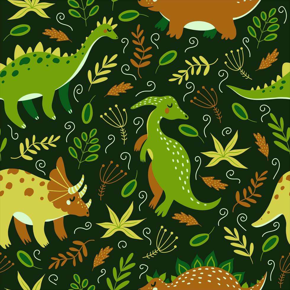 simpatico cartone animato dinosauri modello vettoriale senza soluzione di continuità. animali giurassici nella giungla su uno sfondo scuro. gigantosauro disegnato a mano. doodle colorato, stile piatto. dino tra le foglie ei fiori.