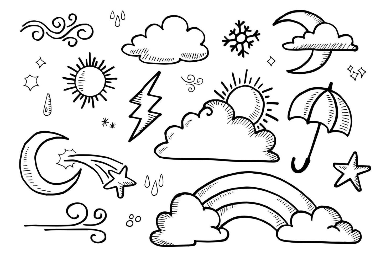 insieme vettoriale di elementi di doodle meteo, per scopi di progettazione