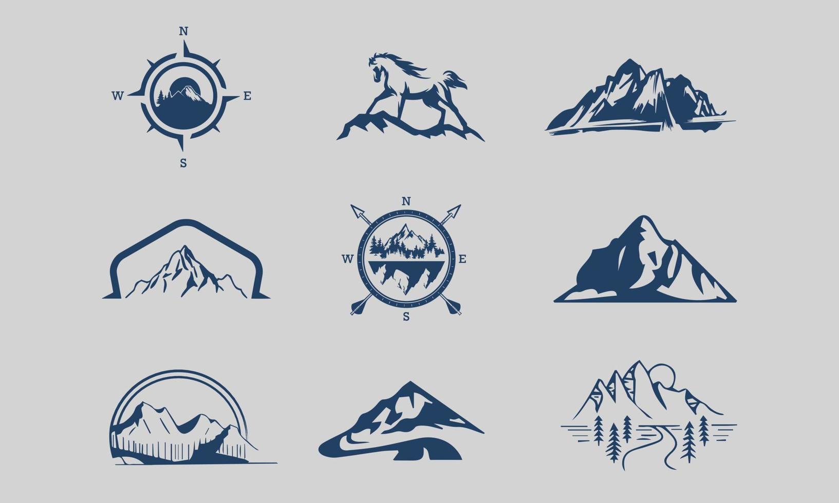 set di disegni di logo vettoriali di montagna e avventure all'aria aperta, stile vintage