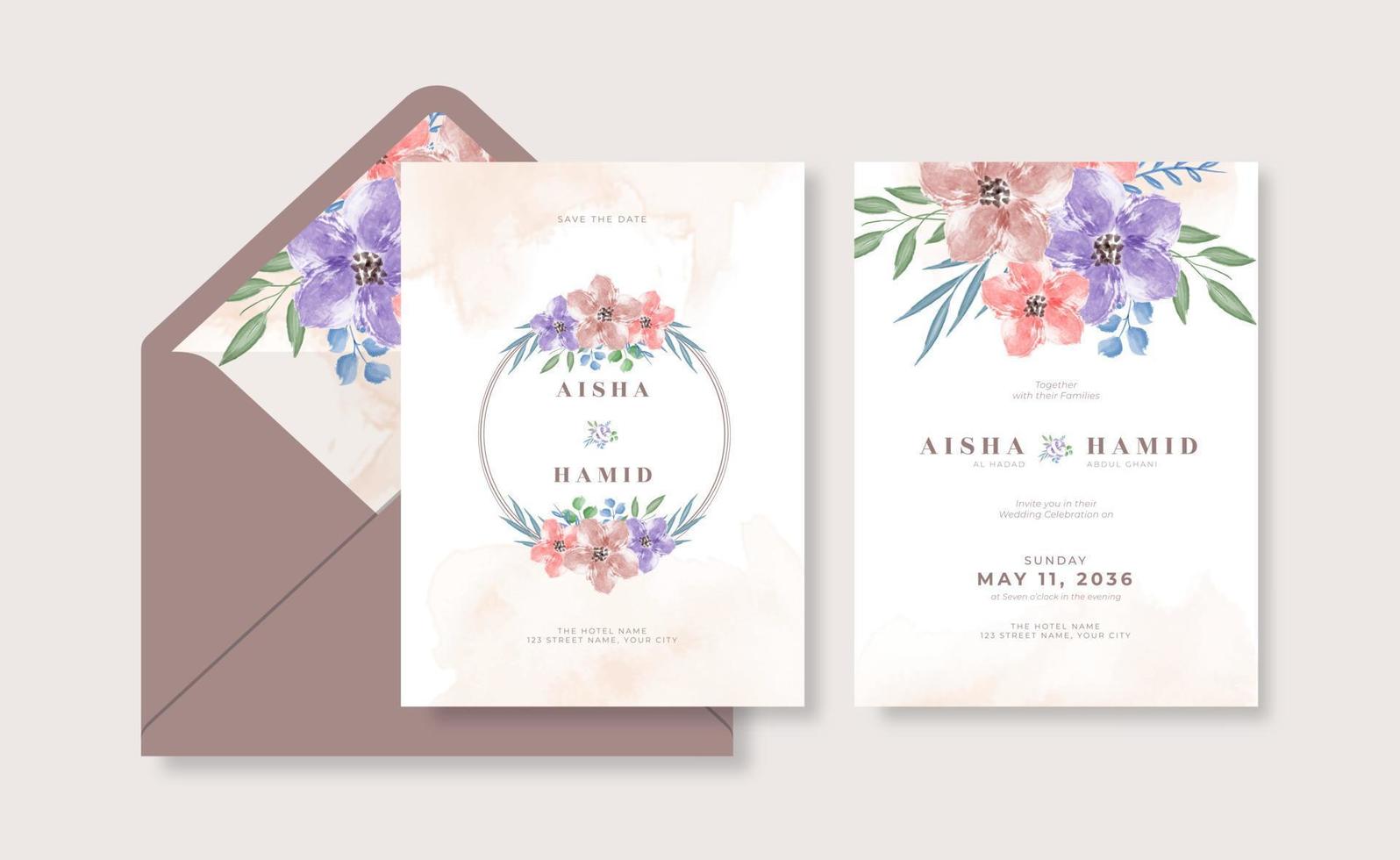 modello di carta di nozze romantico con bellissimo acquerello floreale vettore