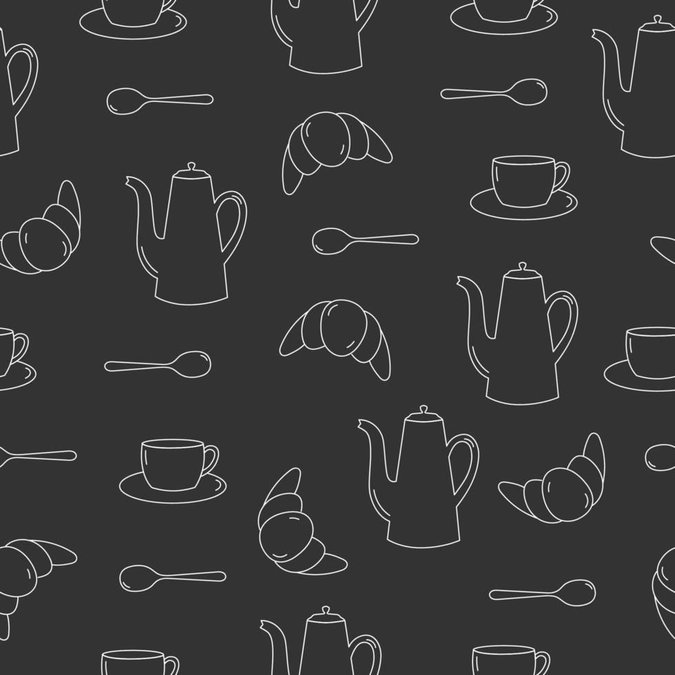 modello senza cuciture di teiera, tazza, cucchiaio e croissant line art. oggetti bianchi su sfondo nero. vettore