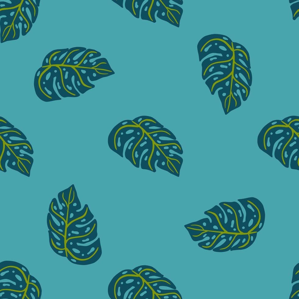 motivo floreale esotico senza cuciture con ornamento di forme monstera casuali doodle. sfondo blu. vettore