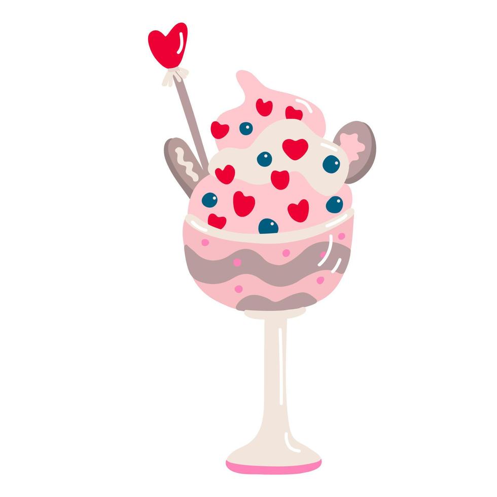 dessert decorato con panna montata e cuoricini in coppa sundae, ciotola. decorazione di san valentino. illustrazione vettoriale per poster e biglietti di auguri design isolato su bianco. stile piatto disegnato a mano.