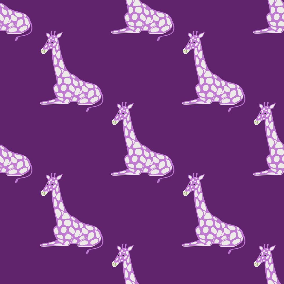 modello senza cuciture luminoso in stile bambini con ornamento giraffa doodle. sfondo viola. stile cartone animato. vettore