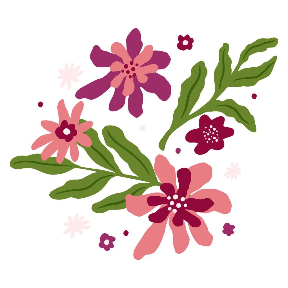composizione di fiori e fogliame su sfondo bianco. schizzo botanico astratto disegnato a mano in stile doodle. vettore