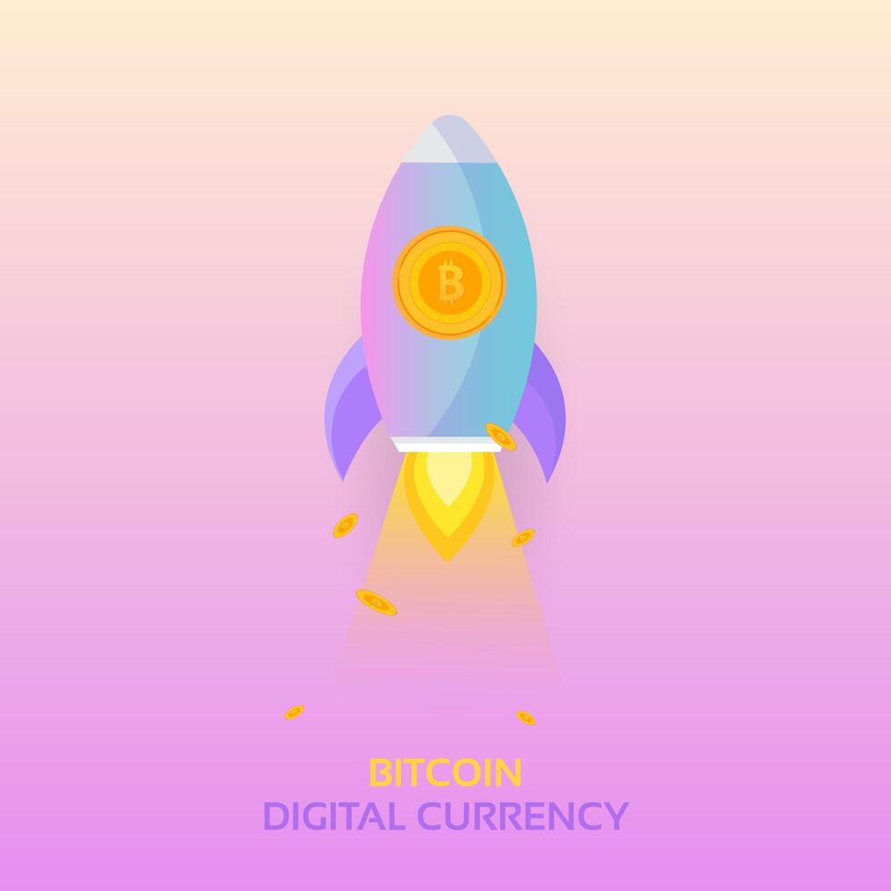 Lancio di un missile Rocket Bitcoin. Vettore Crypto di Cryptocurrency Blockchain