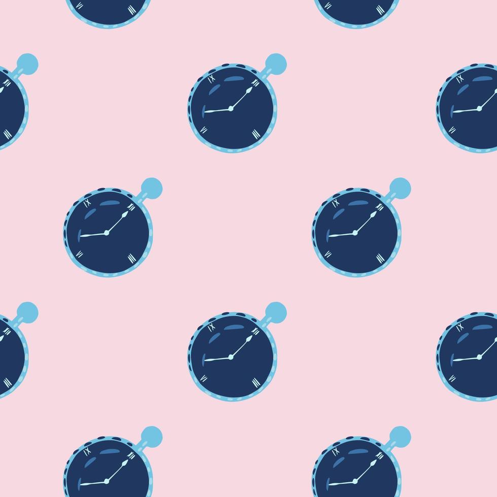 motivo creativo promemoria mattutino senza cuciture con stampa orologio cronometro blu navy. sfondo rosa pastello. vettore