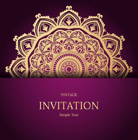 Design elegante della carta Save the Date. Modello di carta di invito floreale vintage. Cartolina d&#39;auguri di lusso turbinio mandala, oro, viola vettore