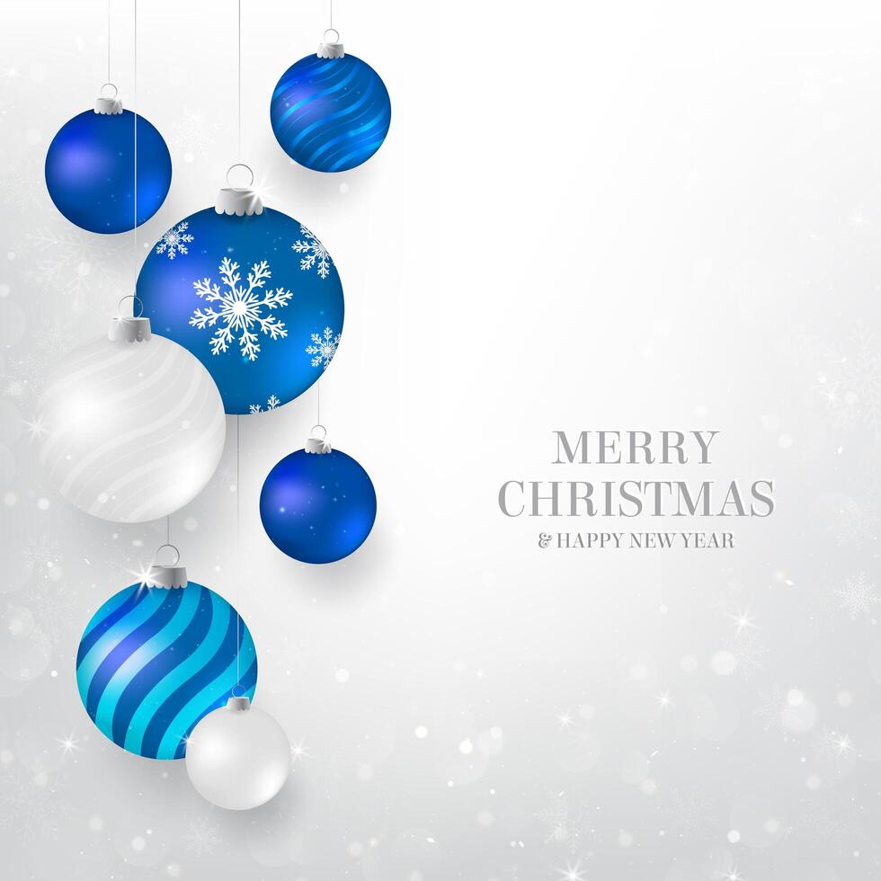 Sfondo di Natale con palline di Natale blu e bianco. Elegante sfondo di Natale con palle da sera blu e luce vettore