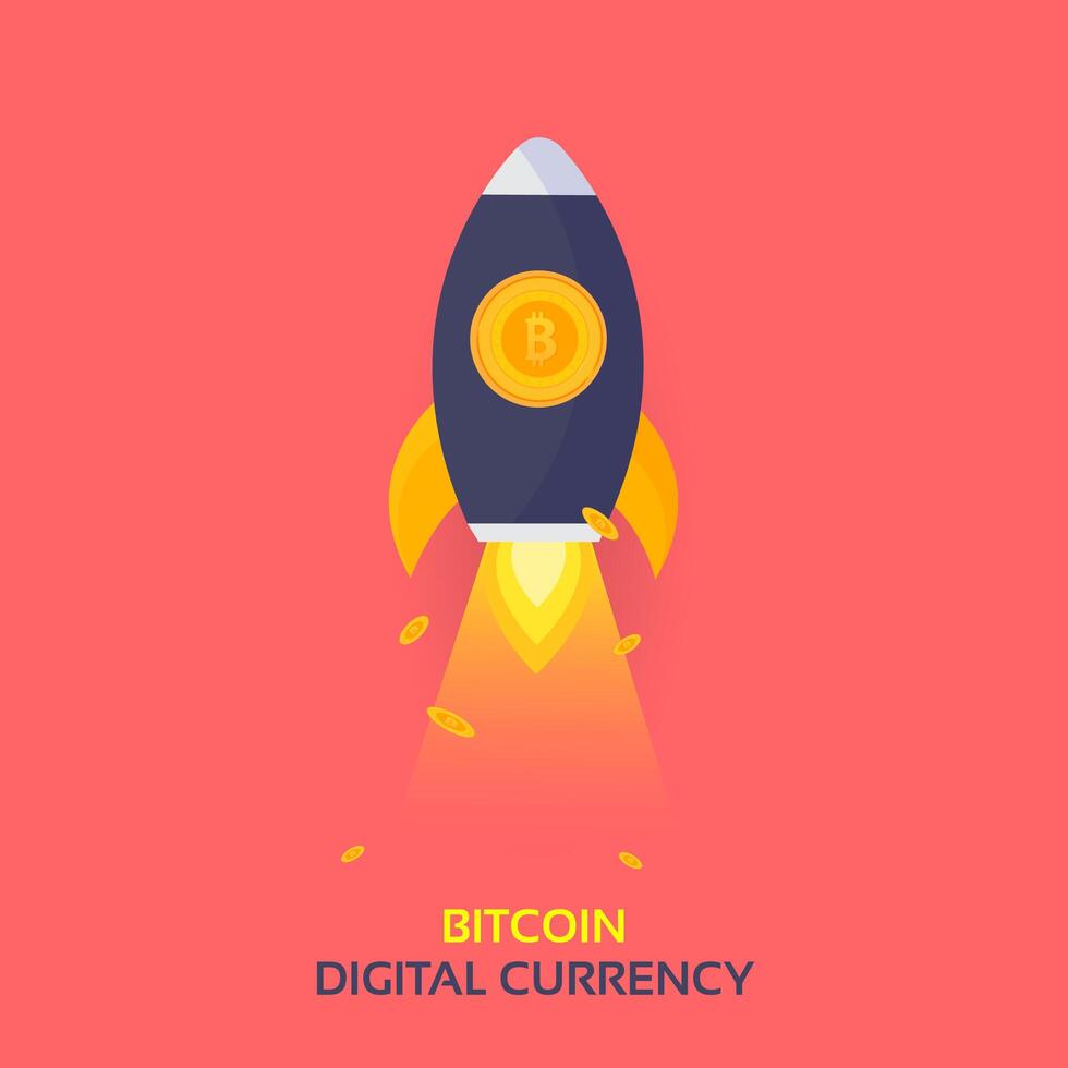 Lancio di un missile Rocket Bitcoin. Vettore Crypto di Cryptocurrency Blockchain