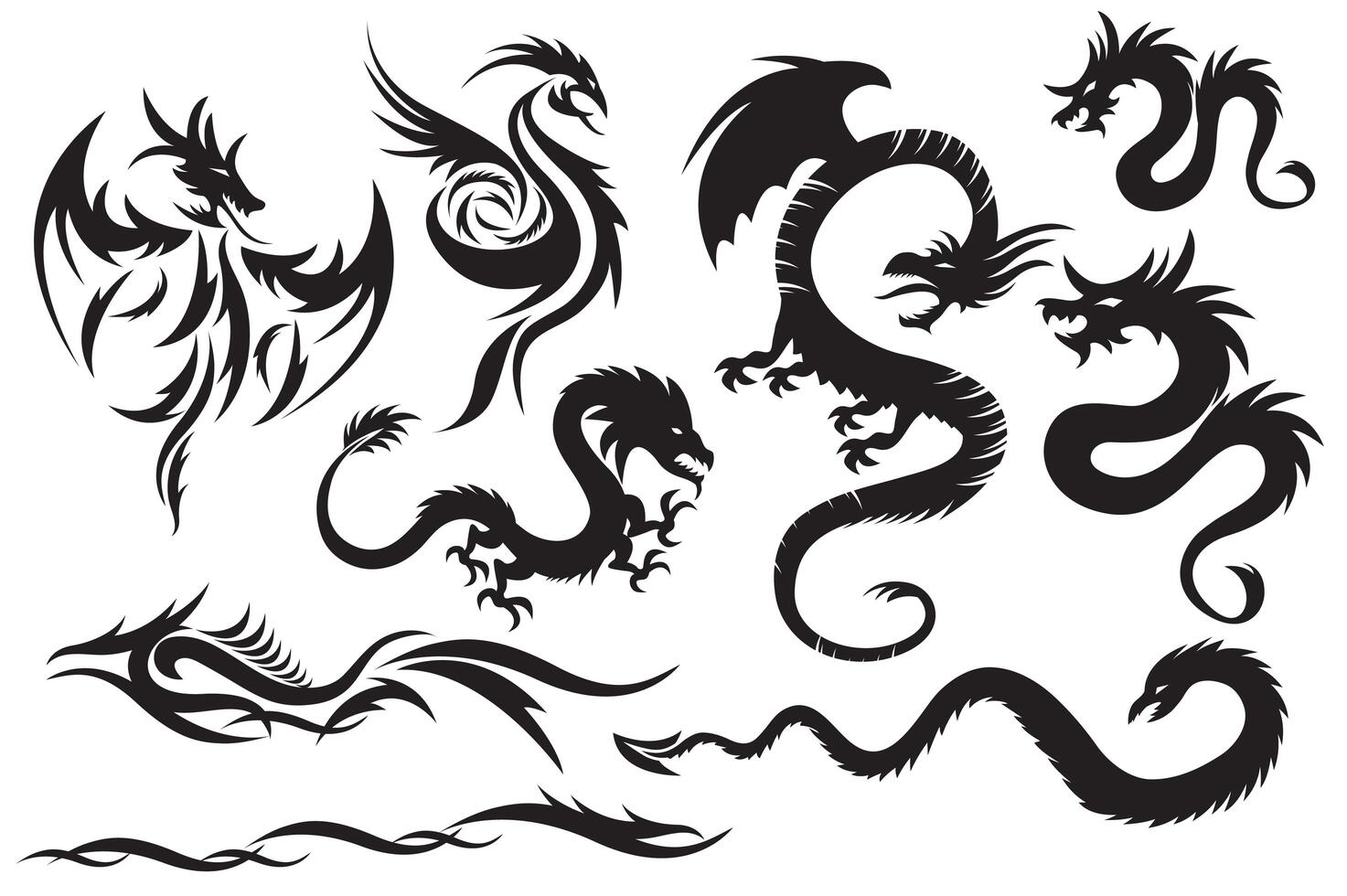 Draghi tribali. Set di draghi cinesi, tatuaggio tribale vettore
