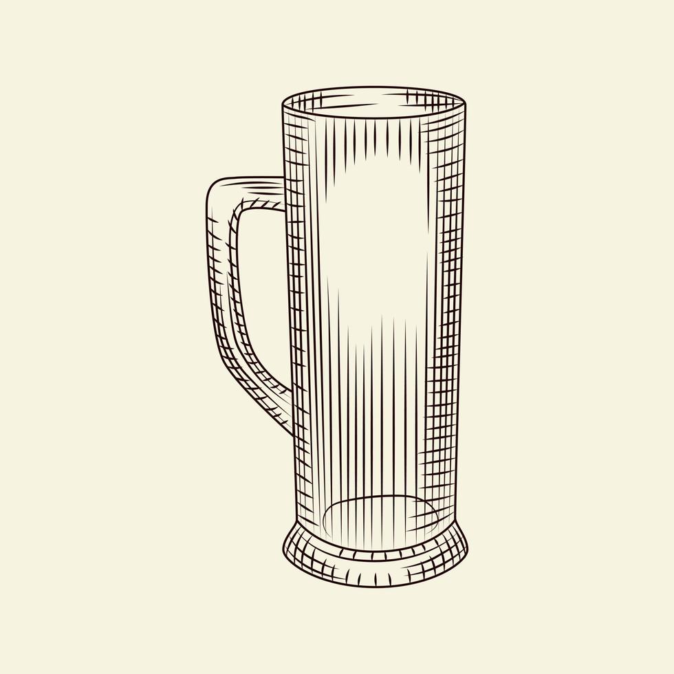 boccale di birra vuoto in stile disegnato a mano isolato su sfondo chiaro. vettore