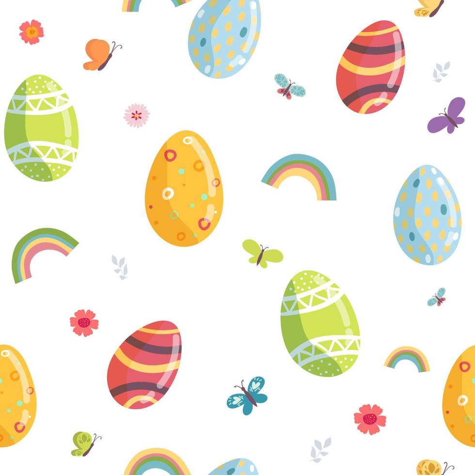 Reticolo di Pasqua senza giunte di vettore. uova di Pasqua decorative, sfondo farfalla arcobaleno per la stampa su tessuto, carta scrapbooking, carta da regalo e carta da parati. vettore