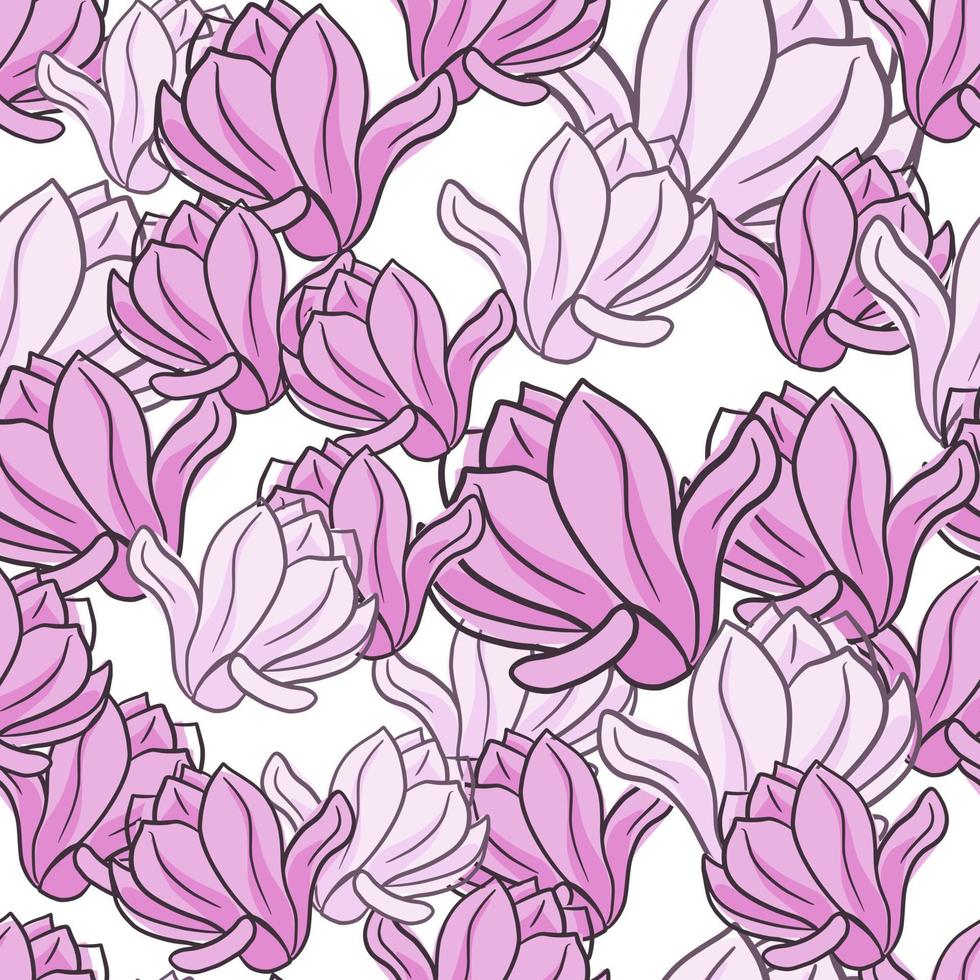 modello di doodle senza cuciture disegnato a mano con stampa di fiori di magnolia con contorno rosa casuale astratto. vettore
