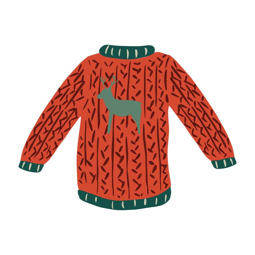 maglione di lana isolato su sfondo bianco. maglione rosso brutto con schizzo di cervo disegnato a mano in stile doodle. vettore