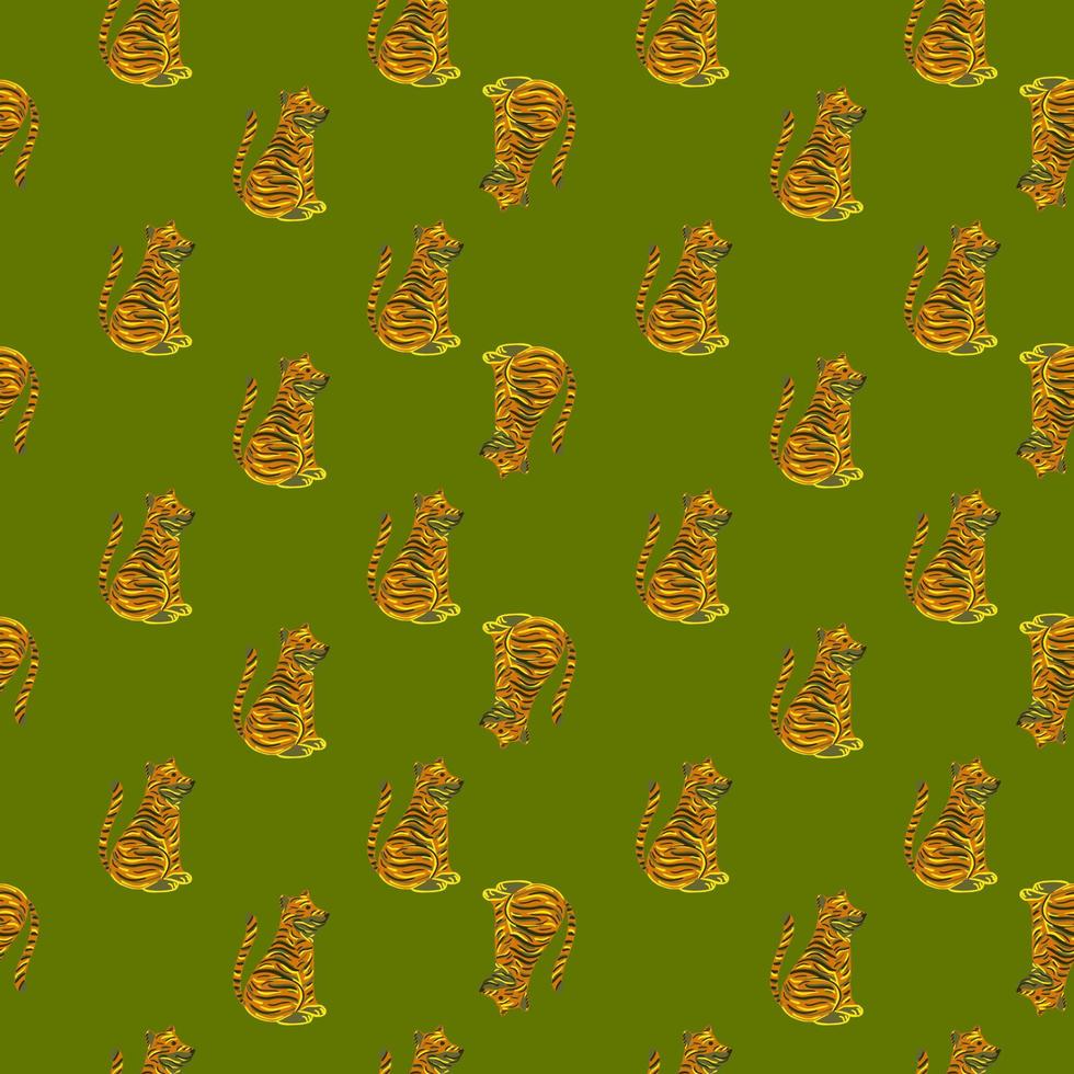 doodle zoo safari modello senza cuciture con sagome di tigre di colore arancione. sfondo verde oliva. vettore