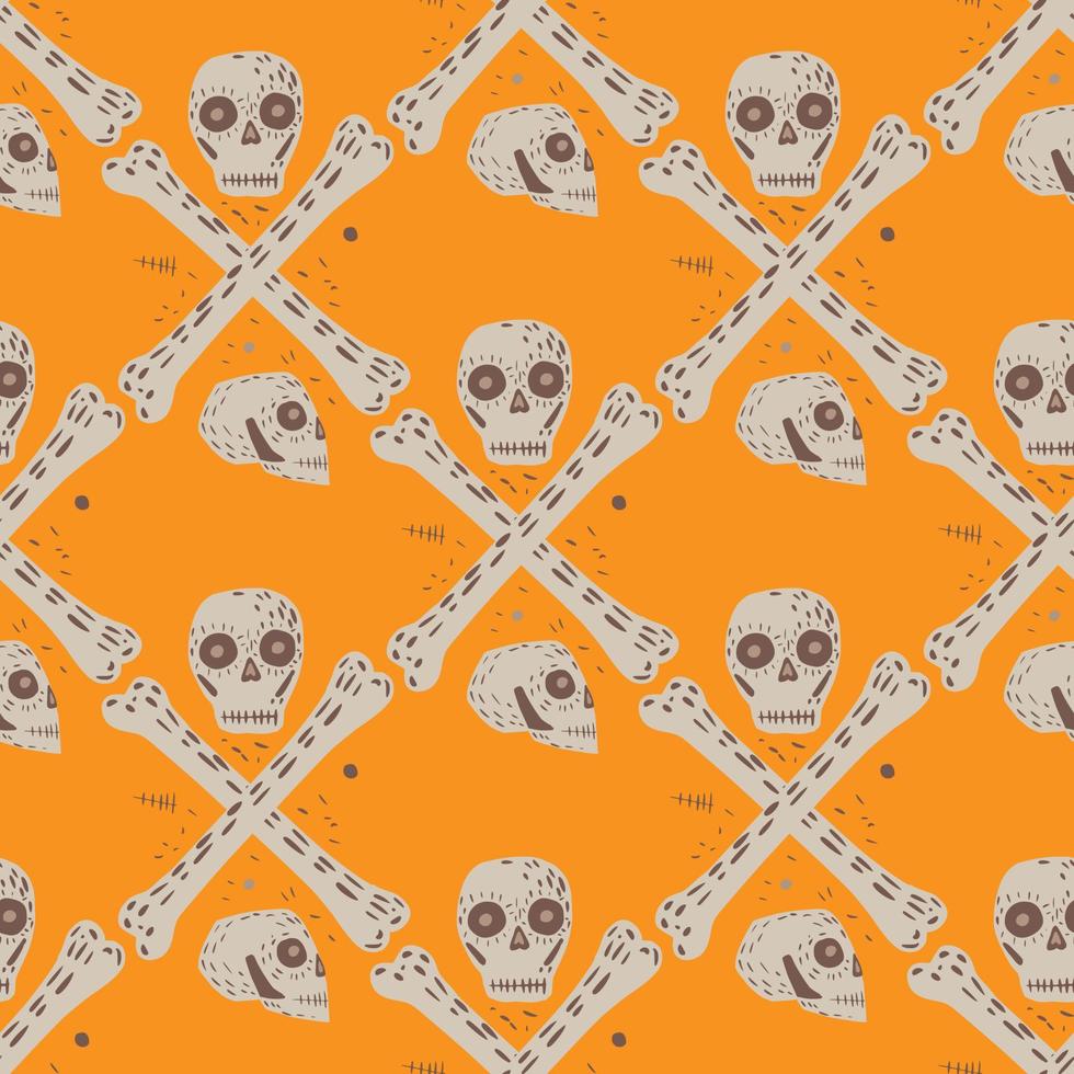 modello di scheletro senza cuciture grigio di teschi e ossa. simbolo di pericolo su sfondo arancione brillante. vettore