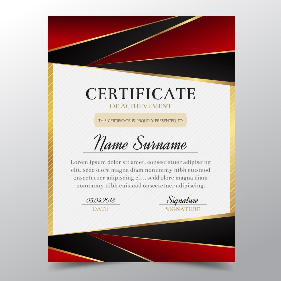 Modello di certificato con lusso elegante design dorato e rosso, Diploma di design diploma, premio, successo. Illustrazione di vettore. vettore