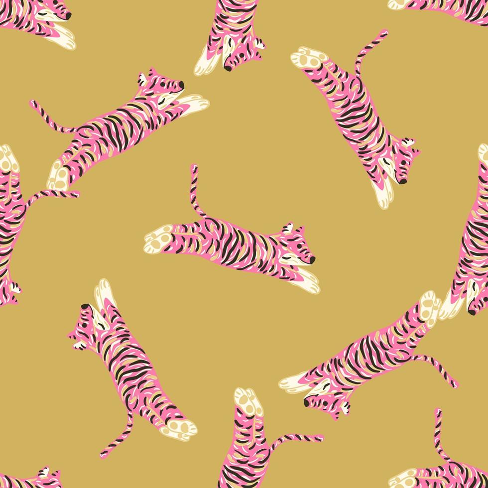 luminoso astratto rosa tigre sagome seamless doodle pattern. sfondo ocra. stampa zoo casuale. vettore