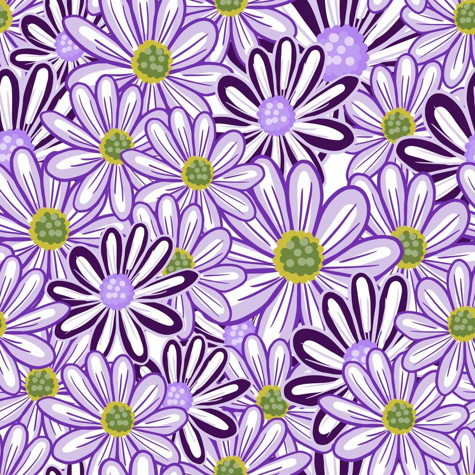 motivo naturale senza cuciture con ornamento di fiori margherita sagomati viola casuali. opera d'arte disegnata a mano floreale carina. vettore