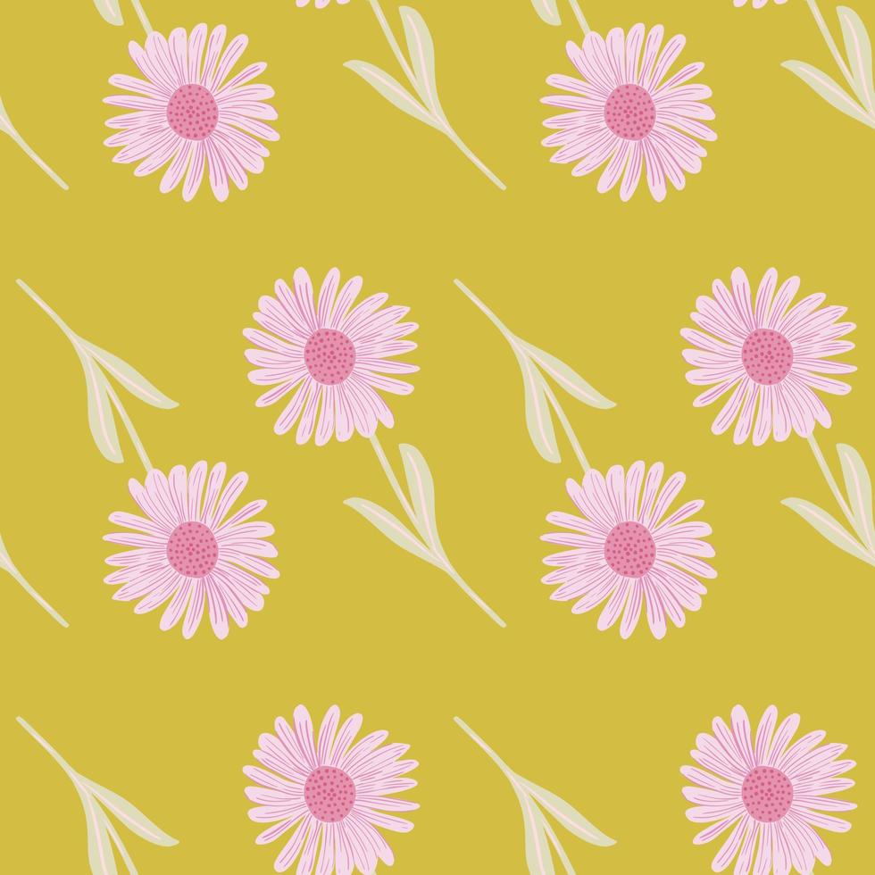 scrapbook botanico seamless con elementi di crisantemo rosa. sfondo giallo. sfondo floreale primaverile. vettore