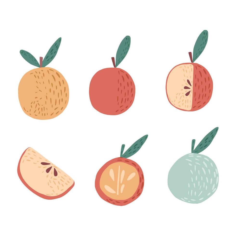 impostare le mele su sfondo bianco. mela intera, rossa, gialla, verde, con ramoscello e foglie, fetta, disegnata a metà a mano in stile doodle. vettore