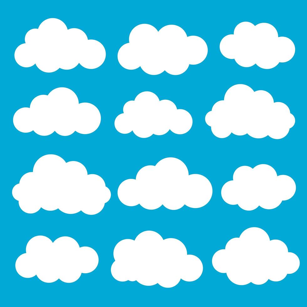 Colore bianco stabilito dell&#39;icona di vettore della nuvola su fondo blu.